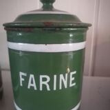 Set of 6 old enamelled jars with 6 trundle lids