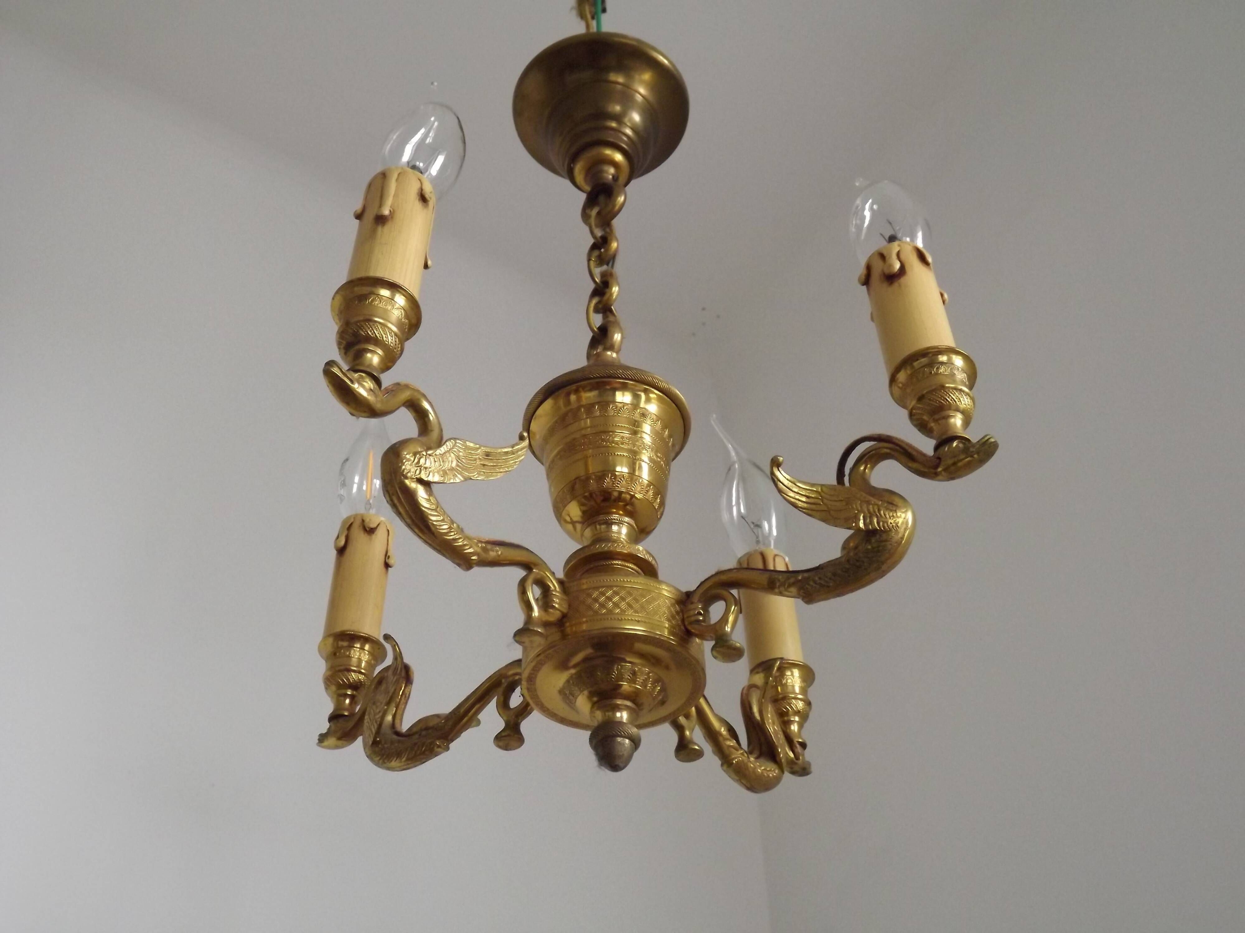 French Empire Style Bronze 4-Light Chandelier with Swan Detail Arms