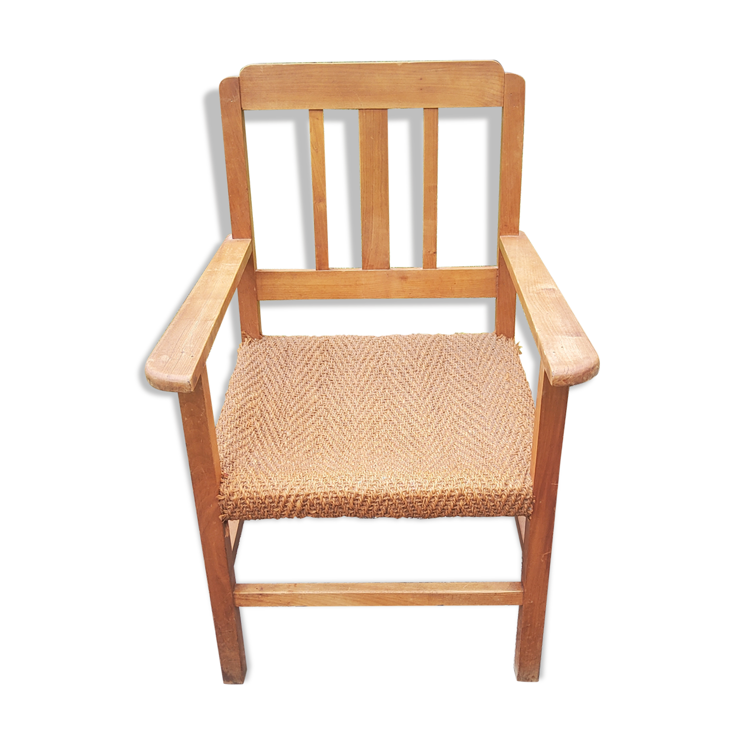 Scandinavian armchair of the 50s in cherry tree sitting in rope