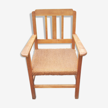 Fauteuil scandinave des années 50 en merisier assise en corde