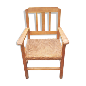 Scandinavian armchair of the 50s in cherry tree sitting in rope