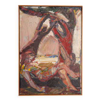 Abstract painting of people resting by a tree