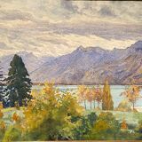 Old painting, landscape of a Swiss lake, signed A Bezencon, dated 1921