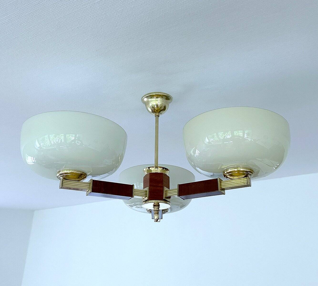 Large Art Deco pendant light in wood and glass, 1930s