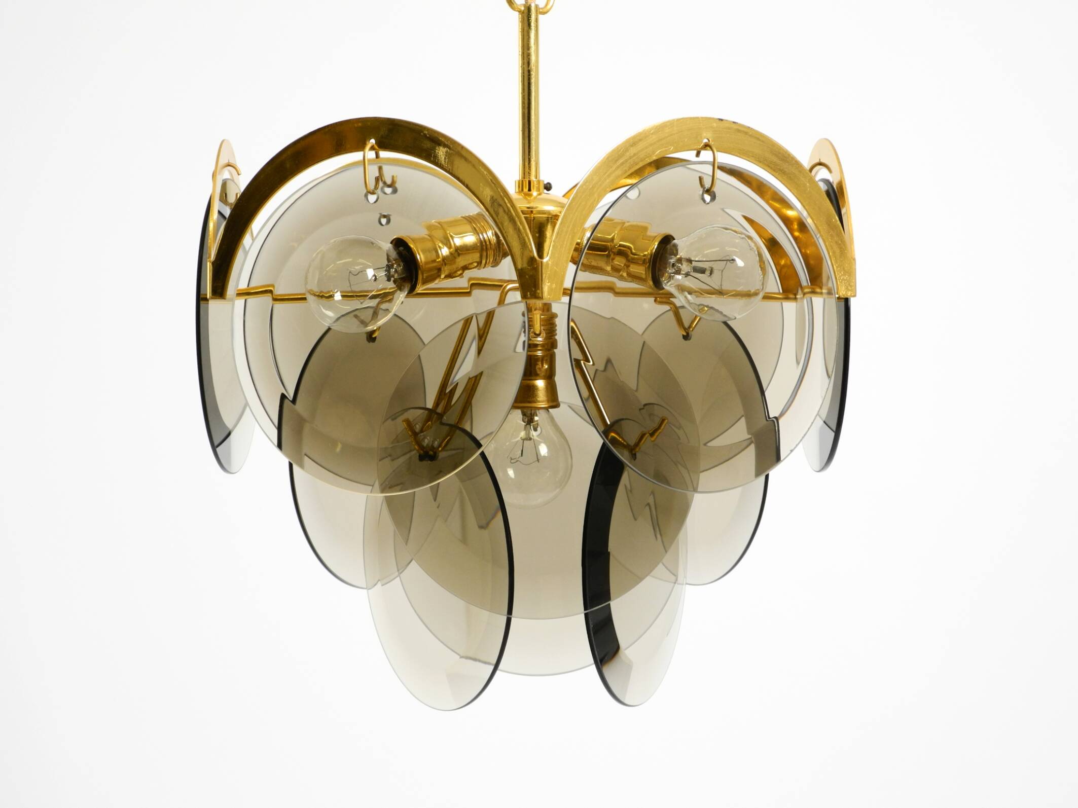 60s large brass ceiling chandelier with large round glass plates