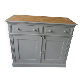 Antique buffet enhanced in green-grey, wooden top.