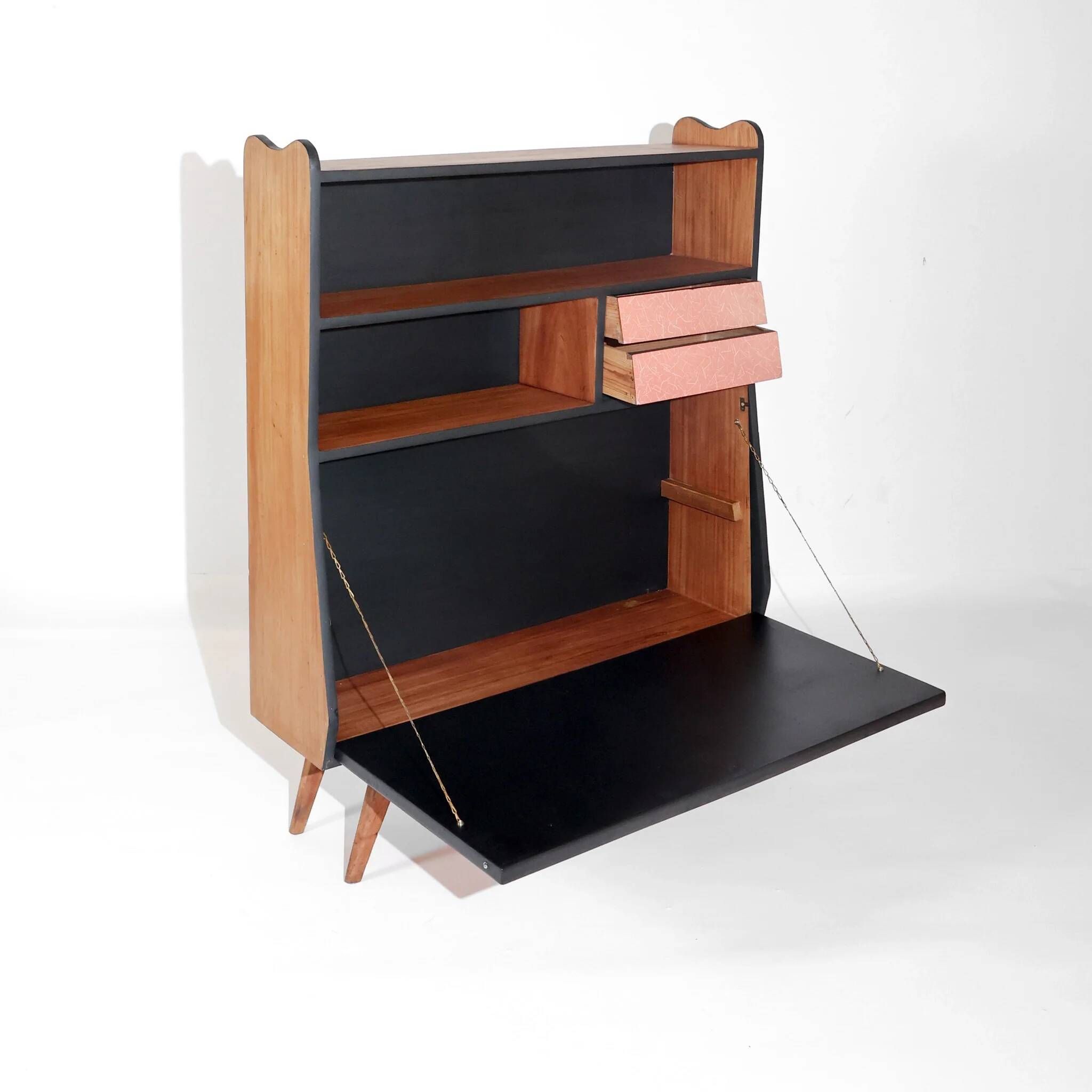 Vintage retro wooden storage furniture with salmon-coral accents and tapered legs, 1950s.