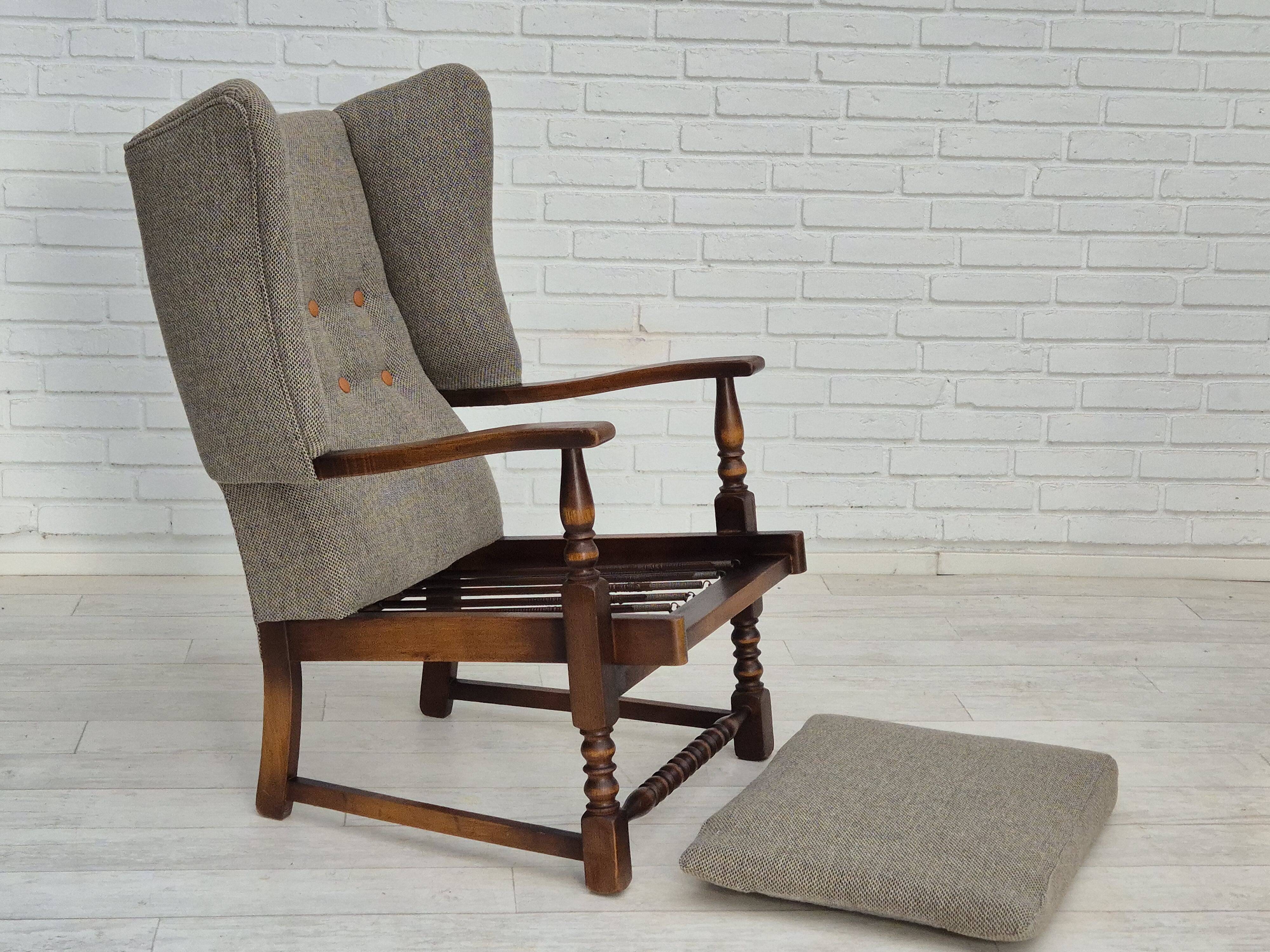 1960s, Scandinavian design, reupholstered high-back armchair, furniture wool, oak wood.