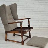 1960s, Scandinavian design, reupholstered high-back armchair, furniture wool, oak wood.