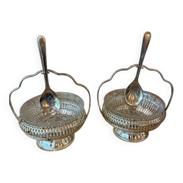 Paire de serviteurs, coupelles à confiture vintage en verre moulé et métal argenté