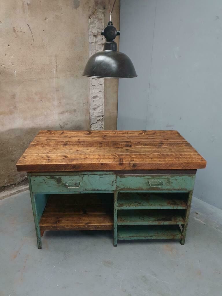 Industrial workbench kitchen island sideboard sea green with drawers