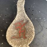 Glassed ceramic cut enamelled prehistoric warrior motif vintage red 1950