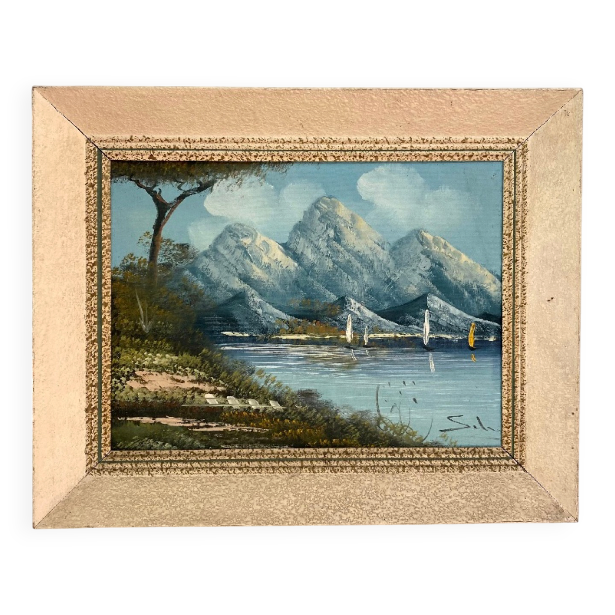 Oil on canvas Mountain Landscape & Lake – Montparnasse Frame – Year