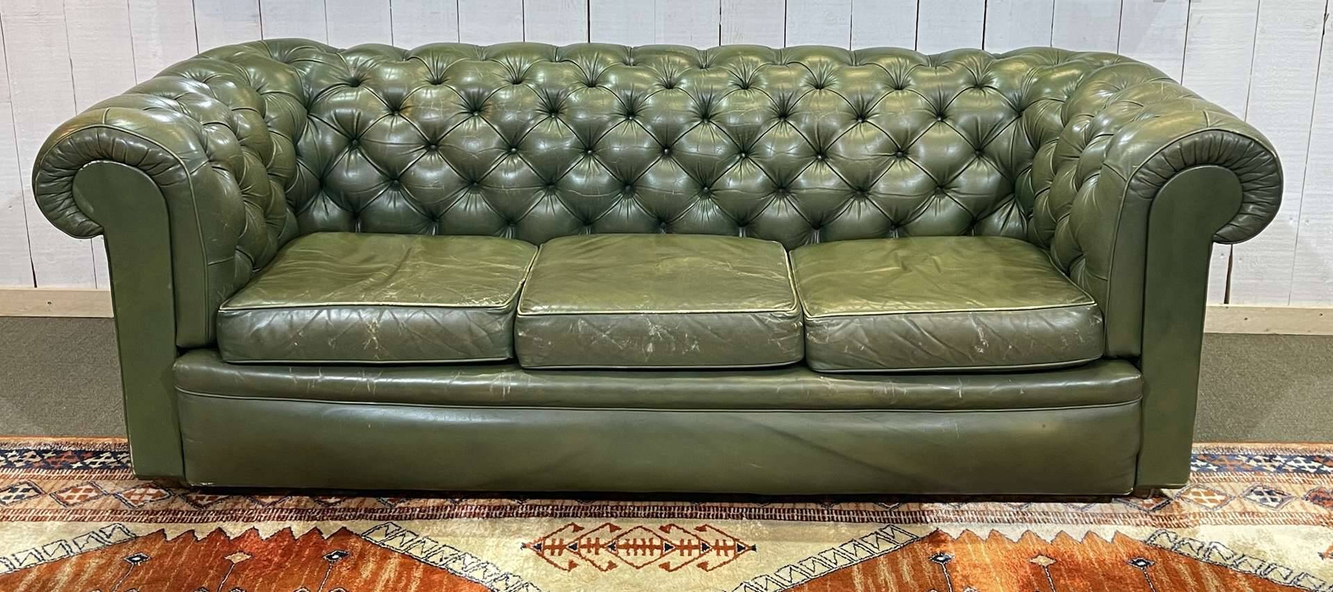 1970s Green Leather 3 Seater Chesterfield Sofa
