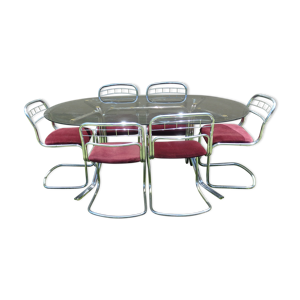 Table en verre et 6 chaises chromé vintage année 70