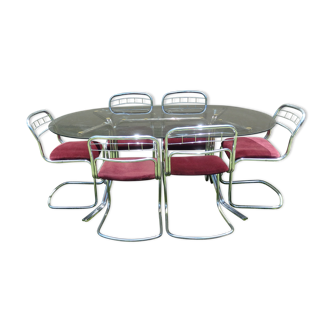 Glass table and 6 chairs chrome vintage year 70