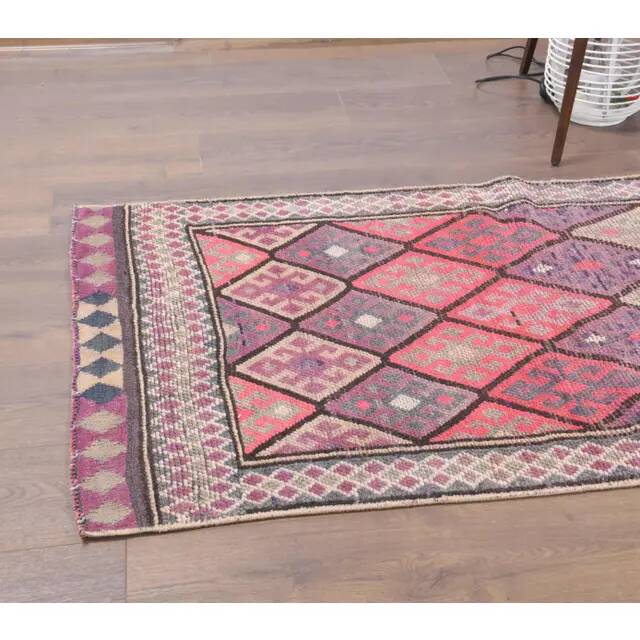 1970s vintage Turkish hand-knotted wool cotton pink runner rug 87x395
