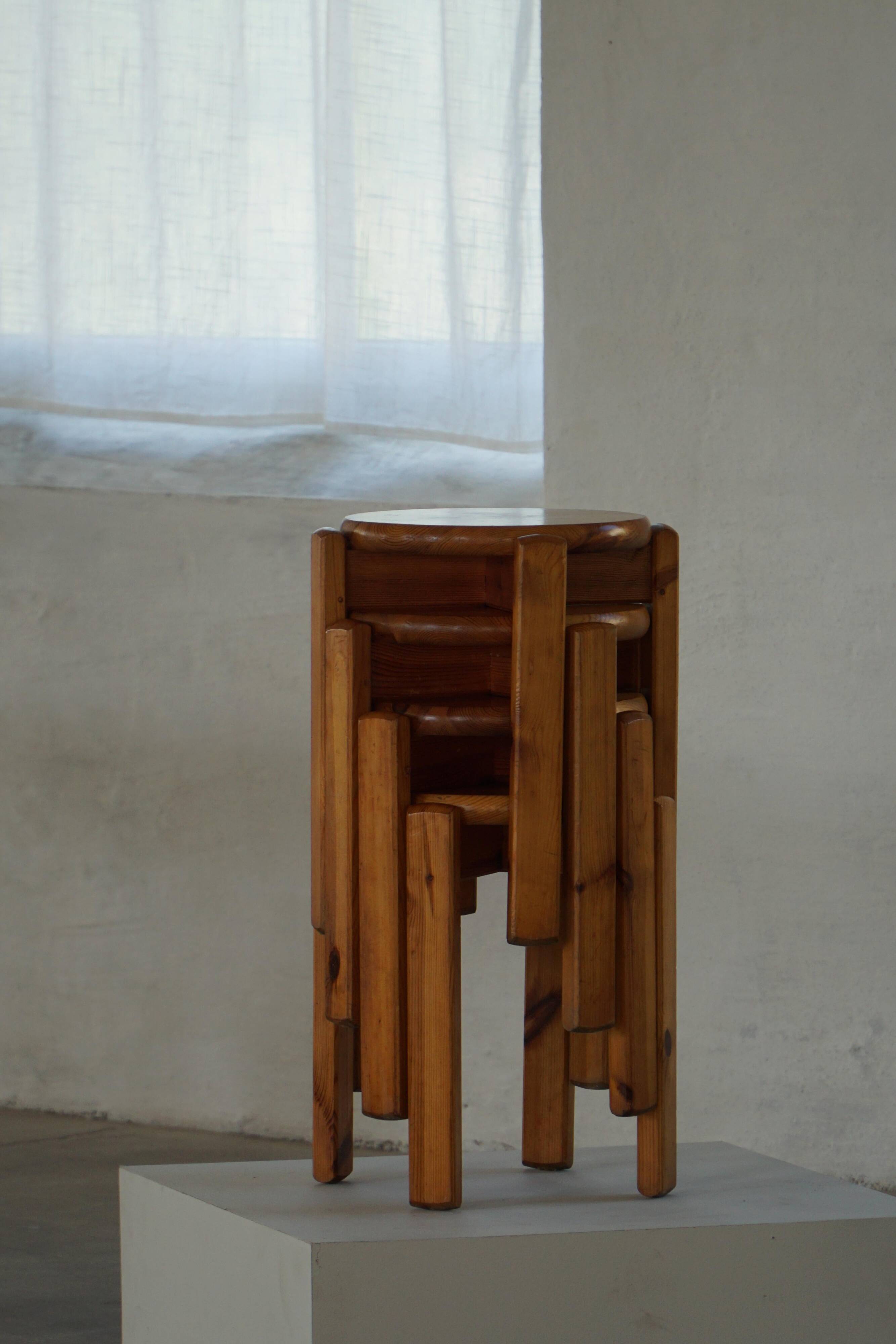Mid-20th century, set of 4 vintage stackable pine stools, Danish design.