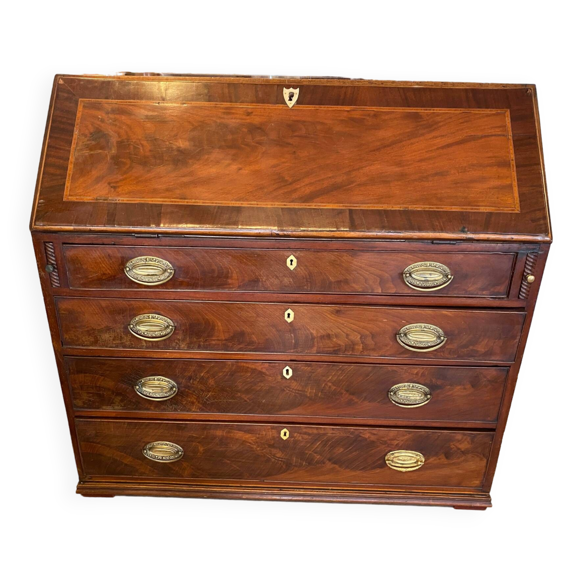 English scriban desk 19th c. mahogany with drawers bronze fittings bone knobs
