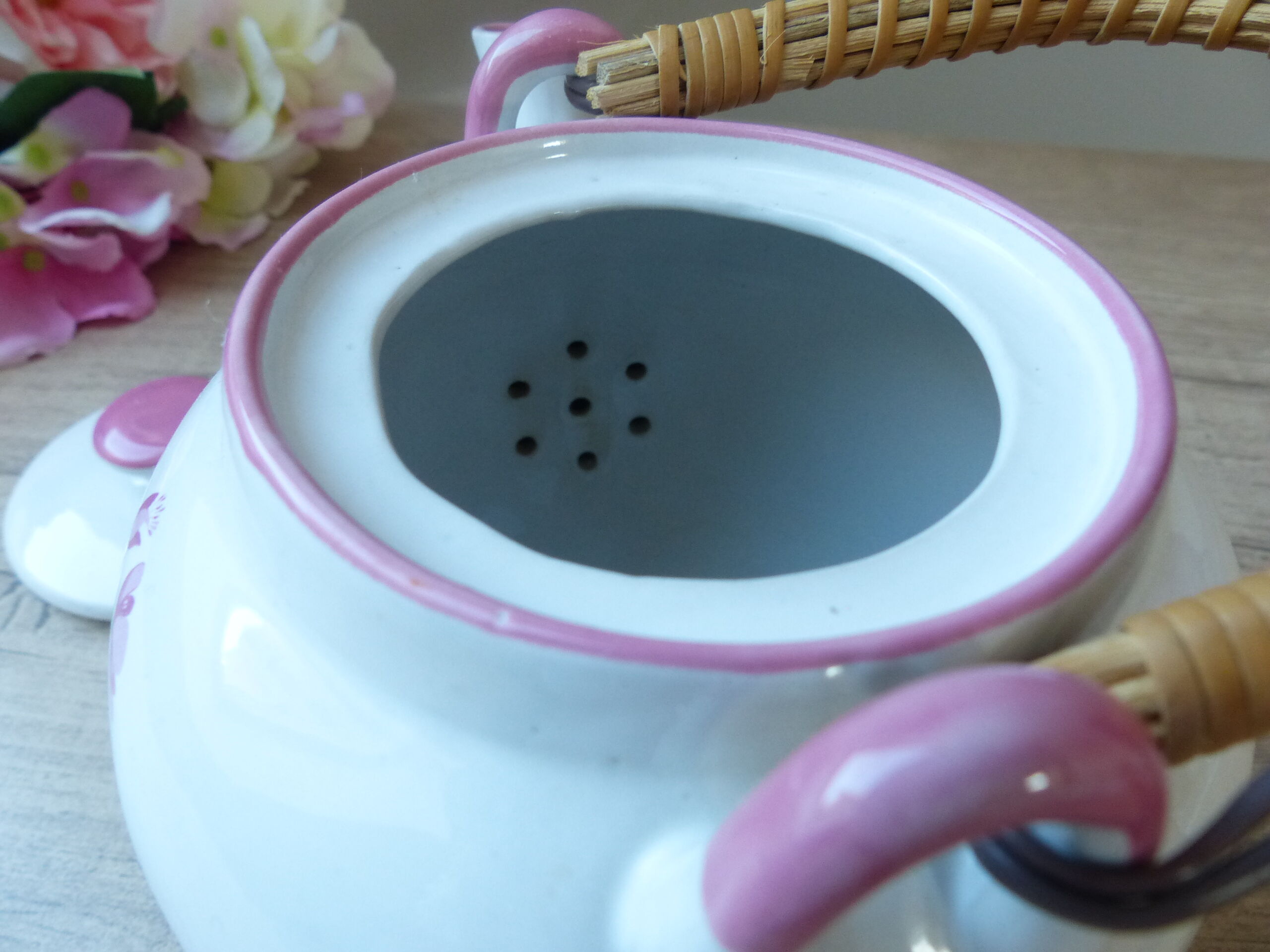 Korean teapot in white ceramic pattern pink flowers handle vintage wood