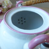 Korean teapot in white ceramic pattern pink flowers handle vintage wood