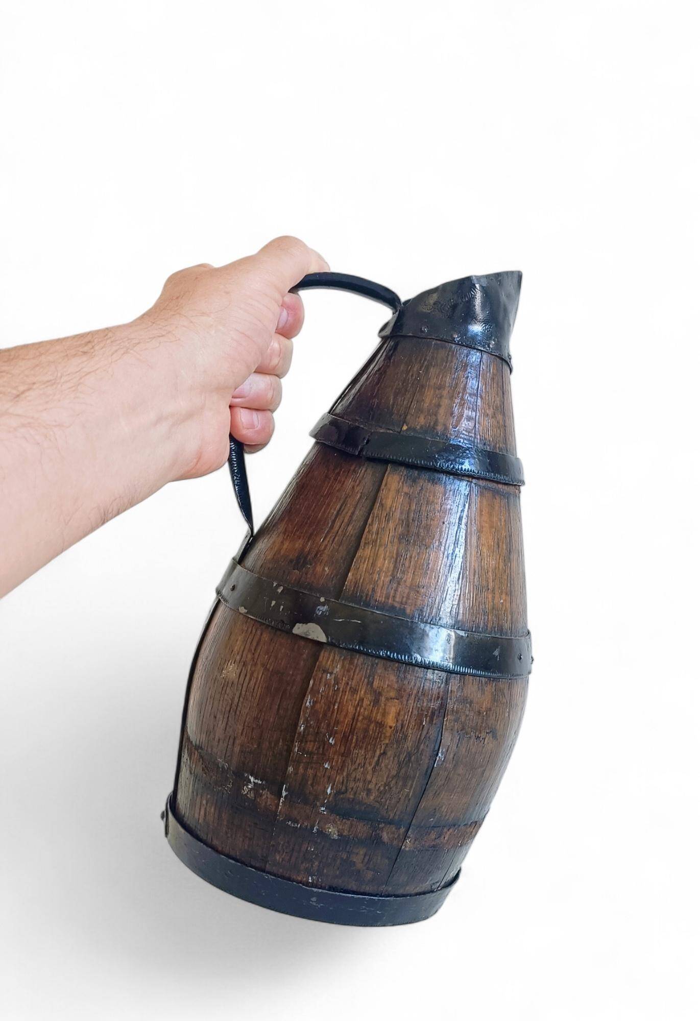 19th Century Rustic French Oak and Metal Hand-Crafted Pitcher