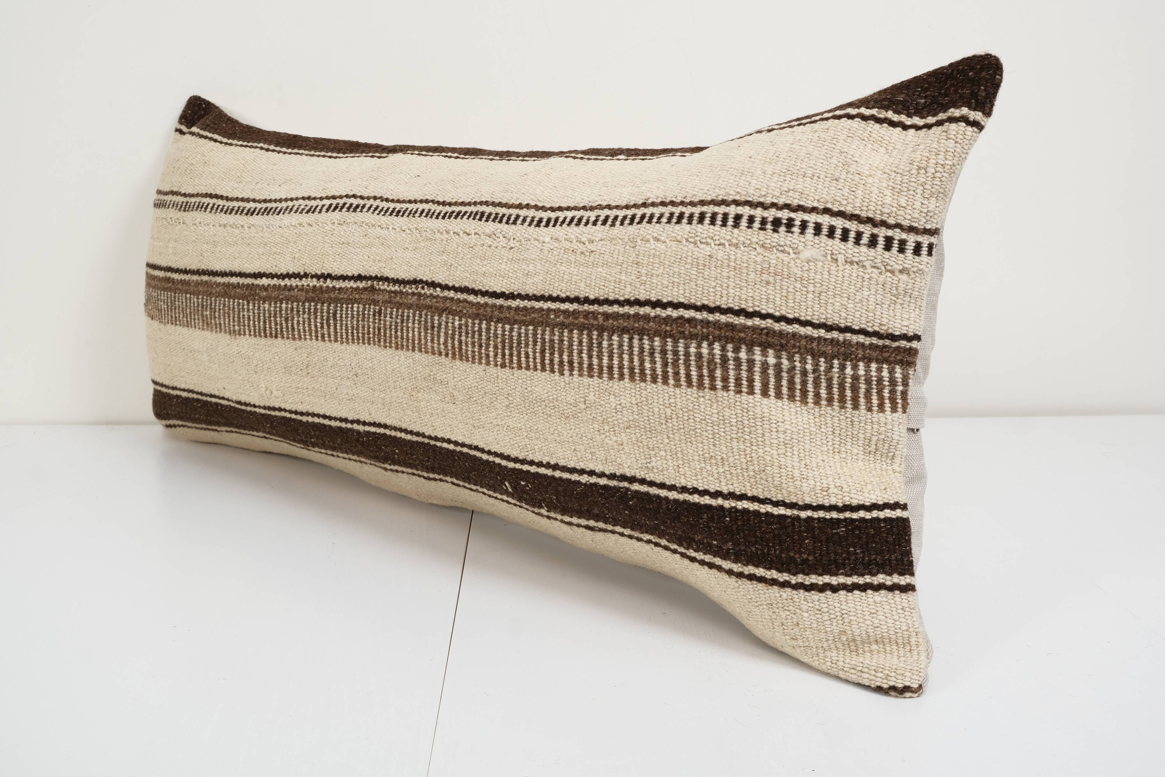 16" x 38" handmade extra long rectangular wool kilim pillow cover, organic undyed hippie bench