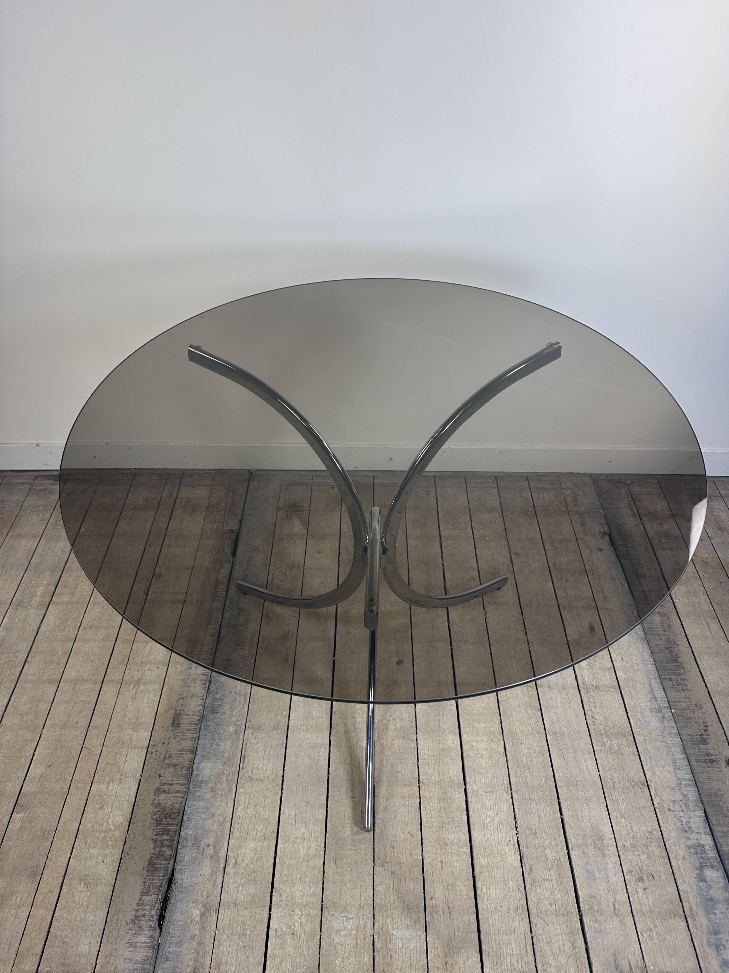 Vintage 1970s round metal and smoked glass table