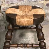 Set of 2 stools in wood and woven straw vintage 1960