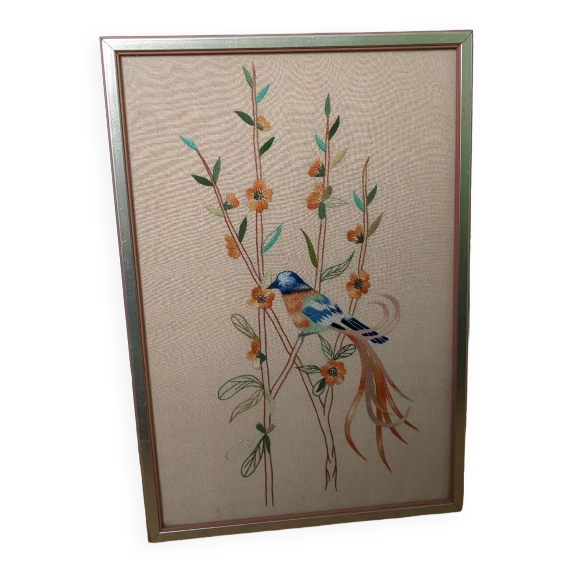 Embroidered picture blue and orange bird