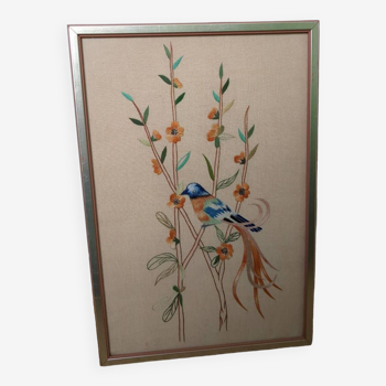 Painting embroidered bird blue and orange