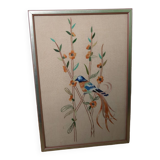 Tableau brodé oiseau bleu et orange