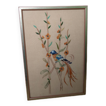 Embroidered picture blue and orange bird