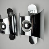 Pair of space age wall lights, chromed metal, Italy, 1970
