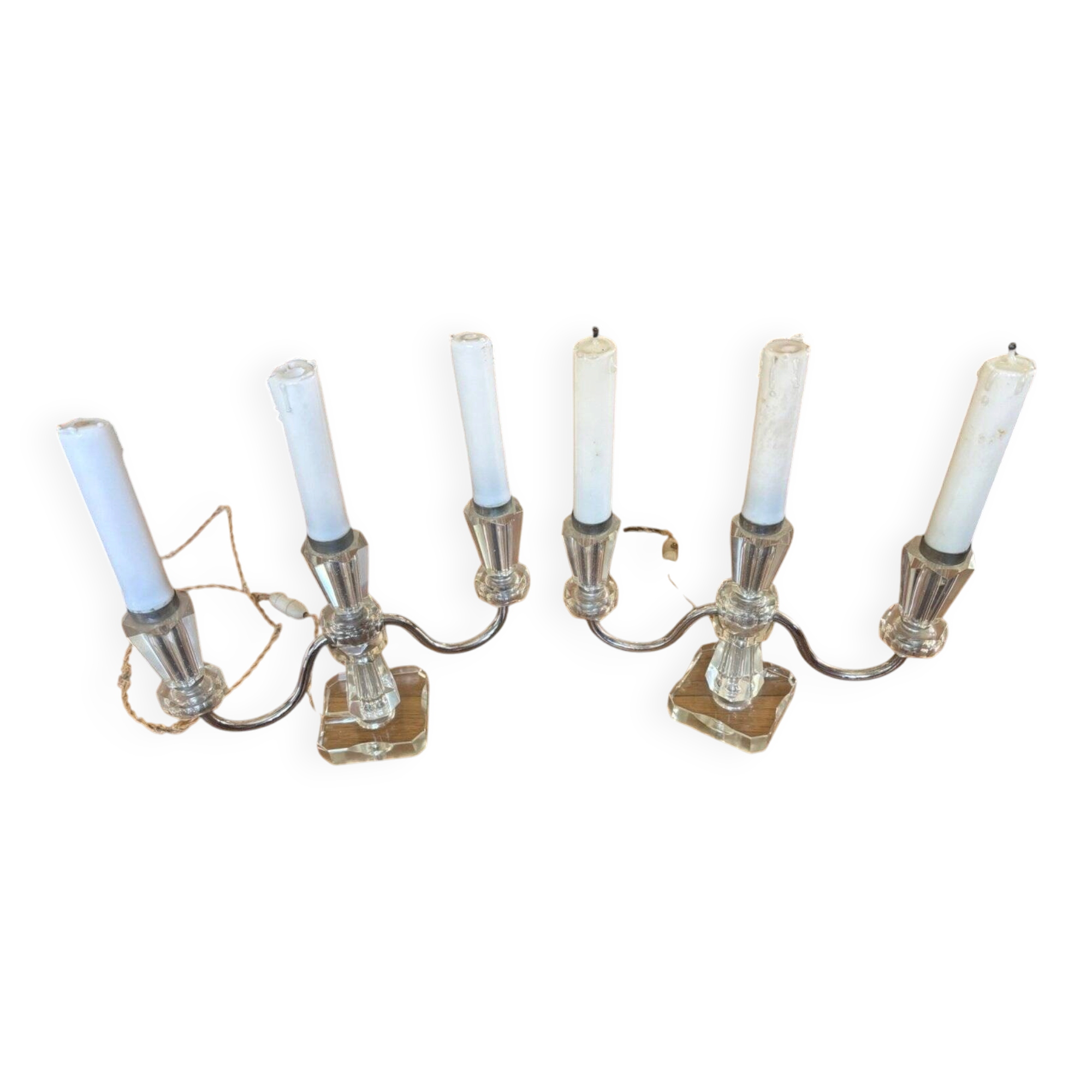 Pair of Electrified Art Deco Candle Holders – Cut Crystal & Chrome Metal 1
