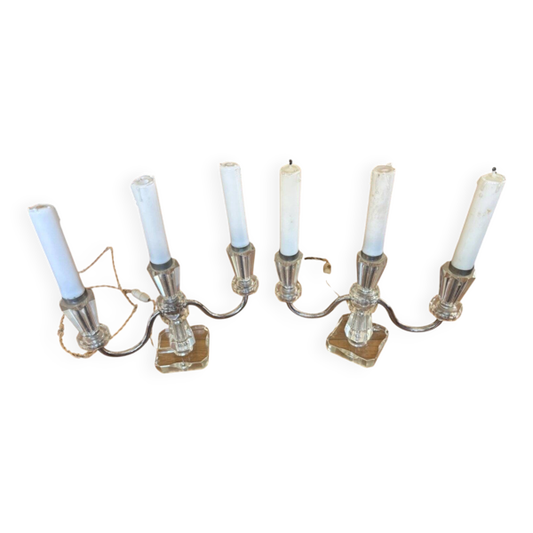 Paire de Chandeliers Art Déco Électrifiés – Cristal Taillé & Métal Chromé 1