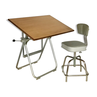 Table à dessin d’architecte Héliolithe vintage et sa chaise