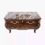 Antique chest of drawers in mahogany, Amboyna burl, red marble and bronze