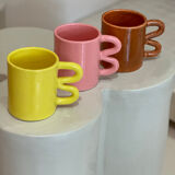Mug cup ceramic handle graphic wave design colorful lemon yellow