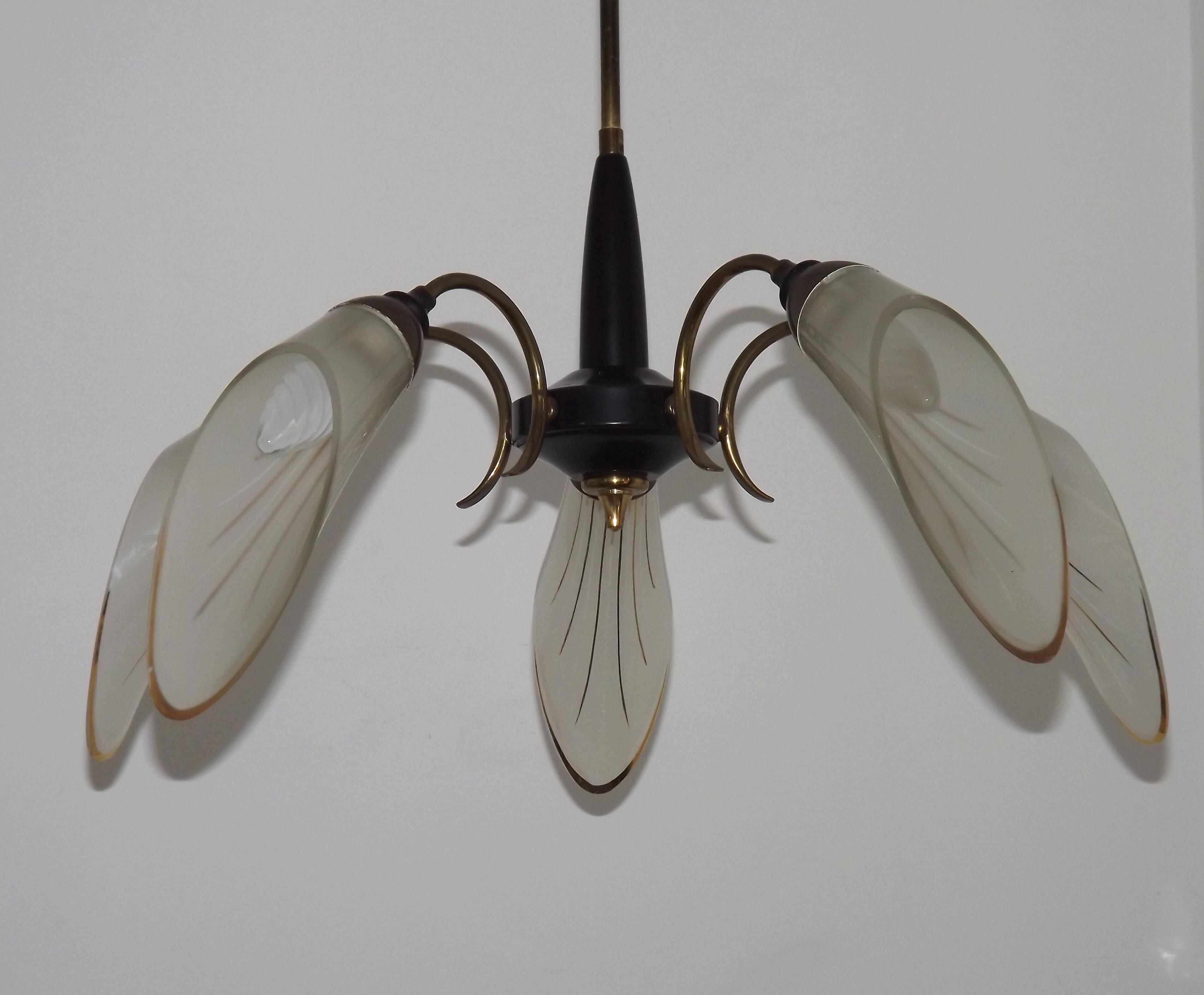 French Vintage Retro Mid Century Black & Gold 5 Arm Chandelier with Glass Shades 5080
