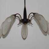 French Vintage Retro Mid Century Black & Gold 5 Arm Chandelier with Glass Shades 5080