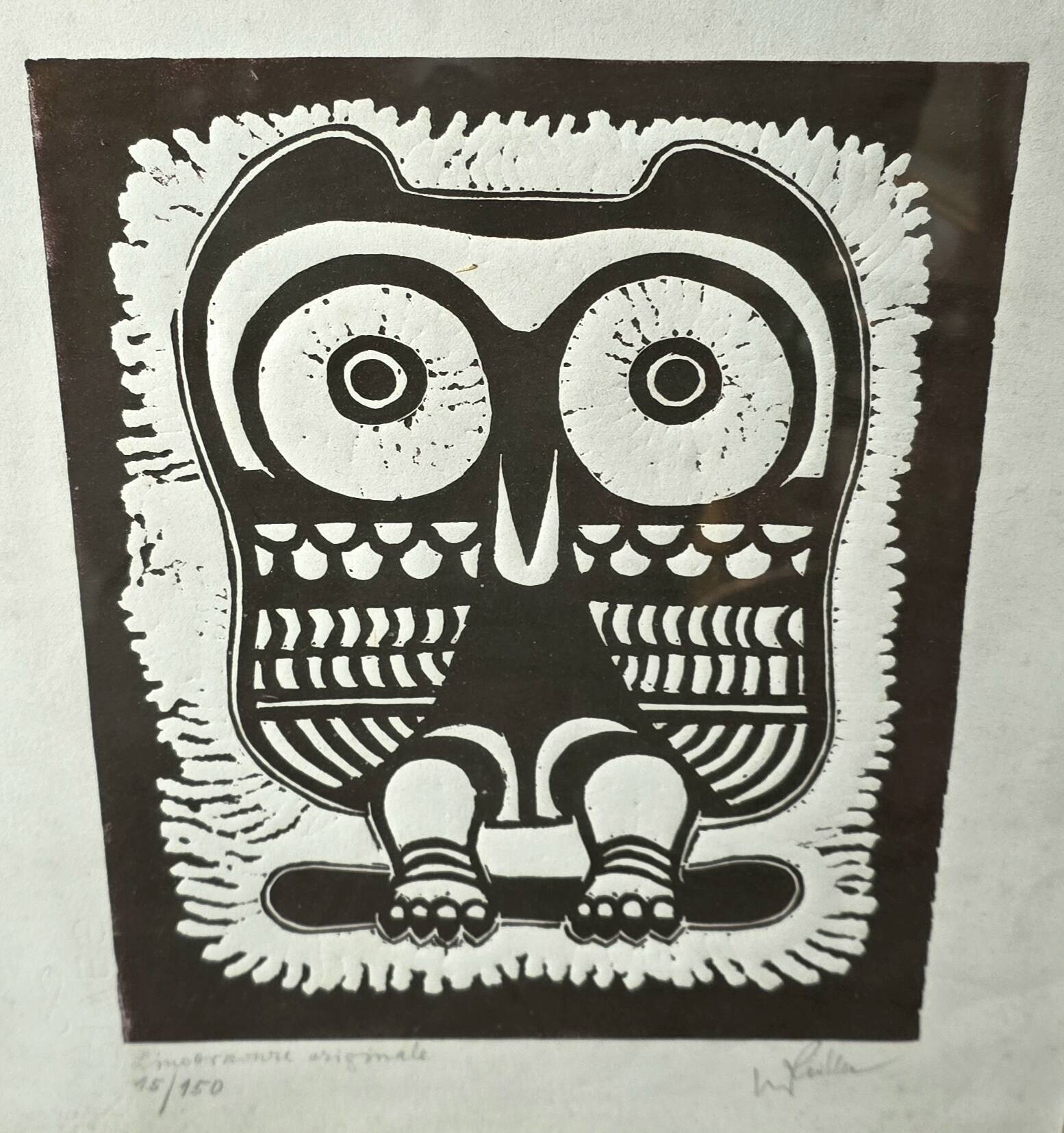 Eugène Fidler (1910-1990) Linocut "The Owl" 1987
