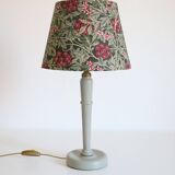 Vintage table lamp, wooden base and antique printed lampshade