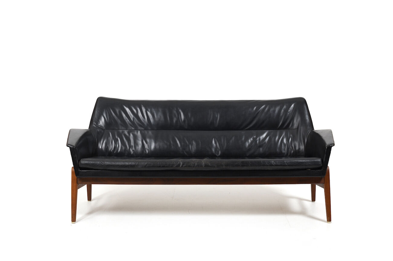 1950s Leather and Teak Wing Sofa by Ib Kofod-Larsen