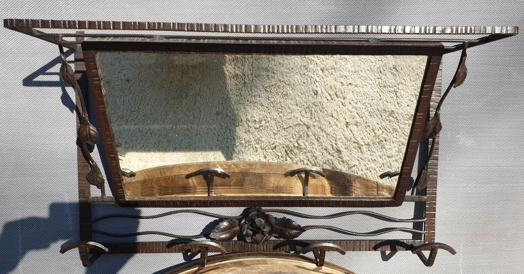 Wall coat rack Art Deco 1930 wrought iron 4 hooks and beveled mirror