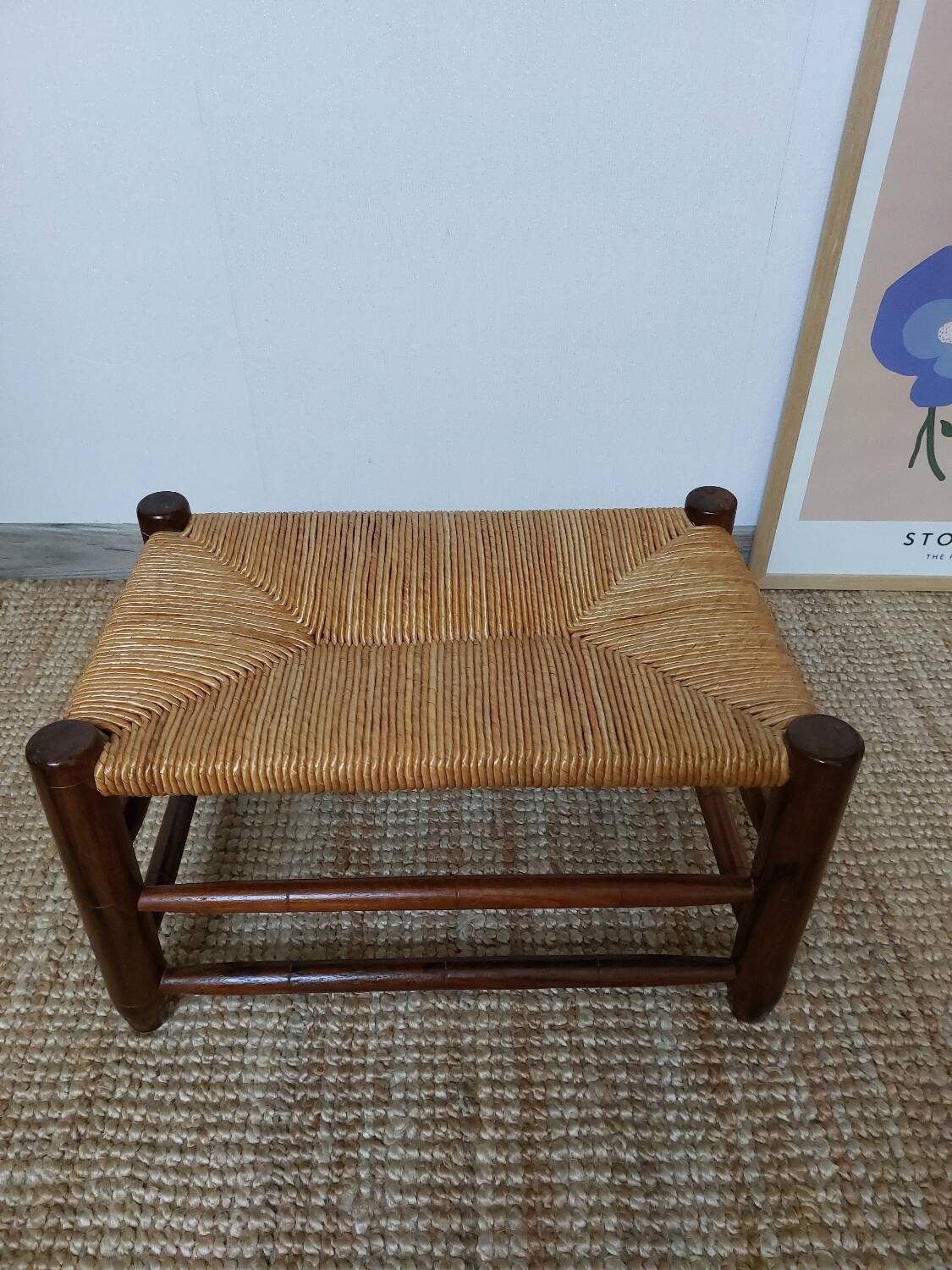 Vintage woven straw wooden stool