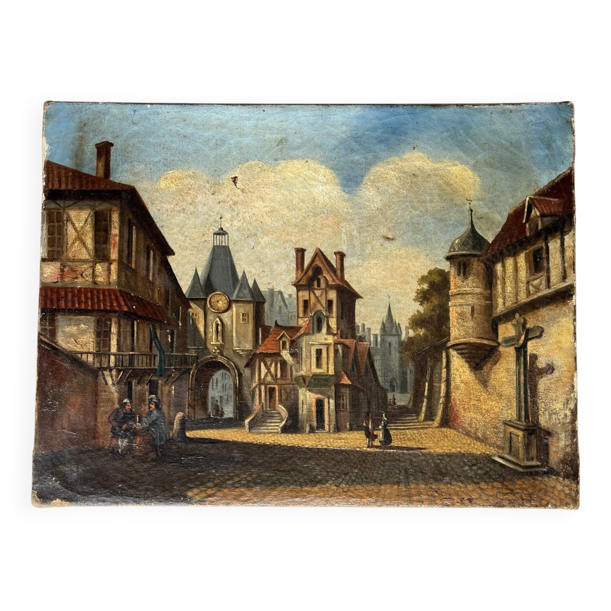 Tableau : huile sur toile - paysage animé 19ieme