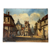 Tableau : huile sur toile - paysage animé 19ieme