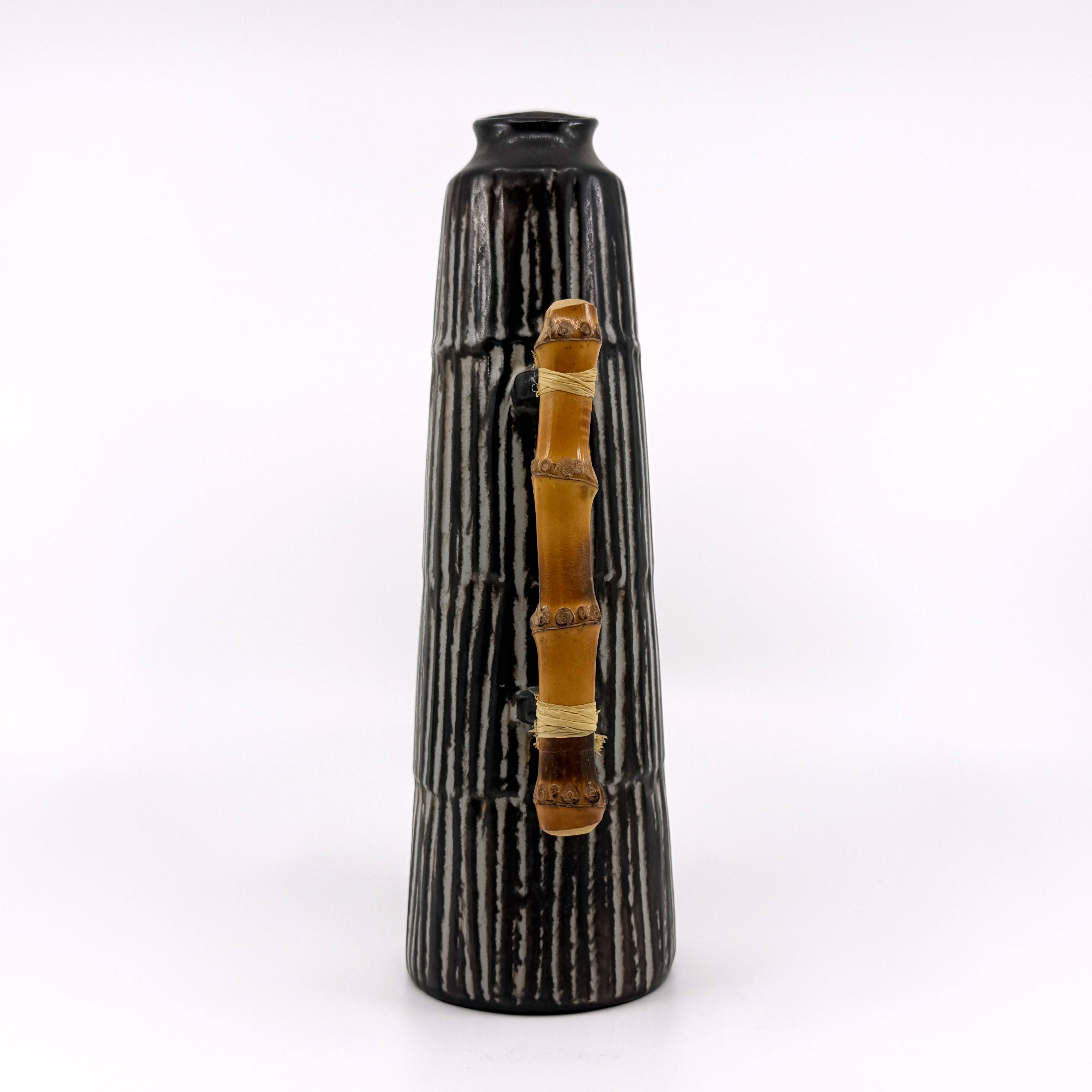 Vintage ceramic and bamboo pitcher vase • BR Keramik Denmark • 1960s