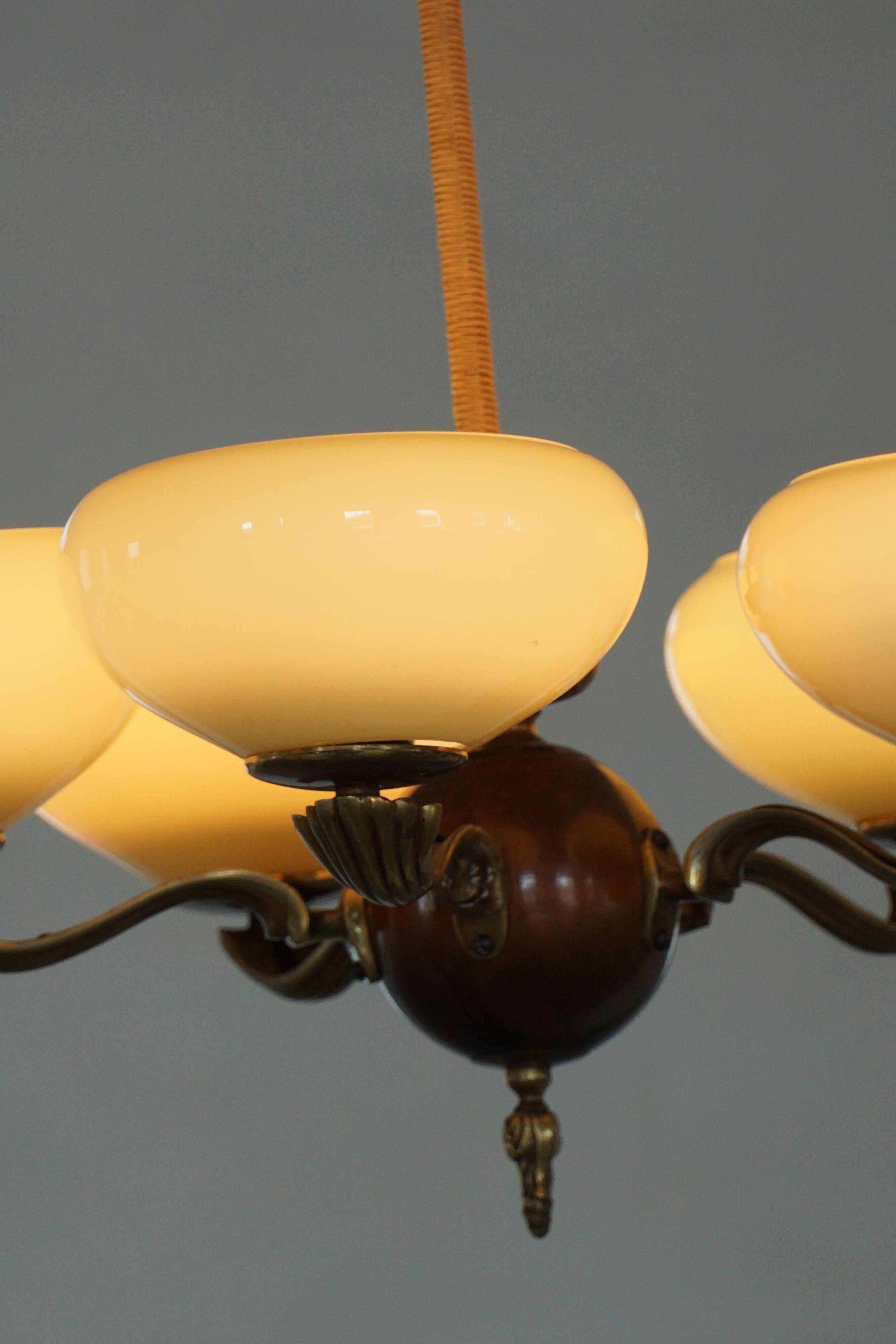 Chandelier with 5 arms by Paavo Tynell, model 1386/5 for Taito, Finland, 1930s.